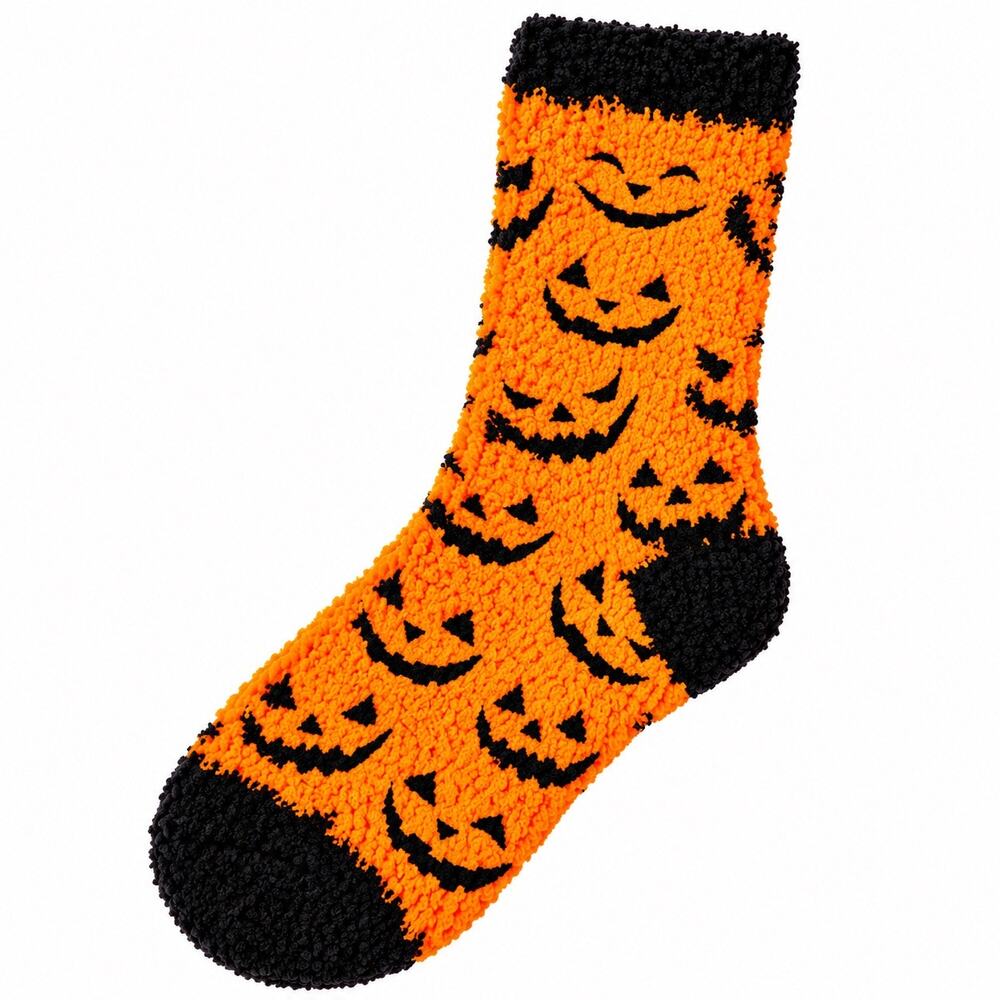 Halloween Orange Black Jack O Lantern Pumpkin Fuzzy Cozy Socks One Size NWOT